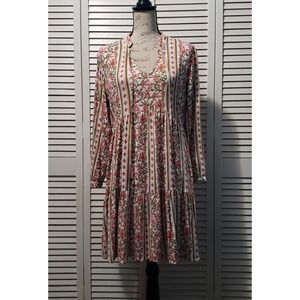 Japna Boho Mini Dress Women's Medium Multicolor Floral Tie V-Neck Long Sleeve